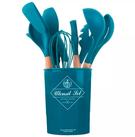 wooden-handle-silicone-kitchen-utensils-with-storage-bucket-high-temperature-resistant-and-non-stick-pot-spatula-spoon-random-color