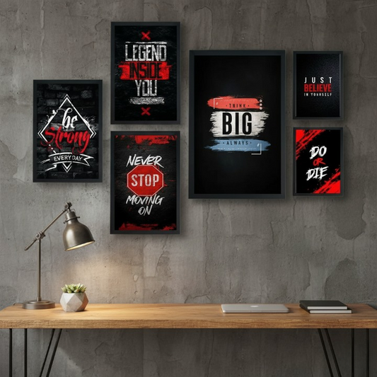 Motivational Wooden Wall Art Frame Set – 6 Pcs Inspirational Quotes | Be Strong, Think Big, Never Stop, Do or Die | Premium Quality Wooden Frames for Home & Office