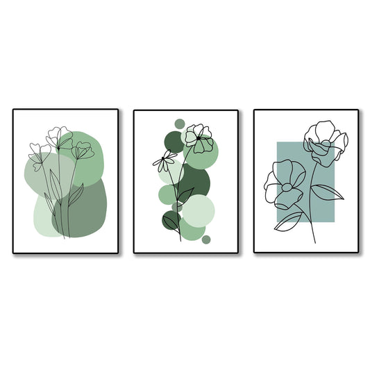 set of 3 abstract plant art wooden canvas frames for wall decore / sticky phototiles for home and office